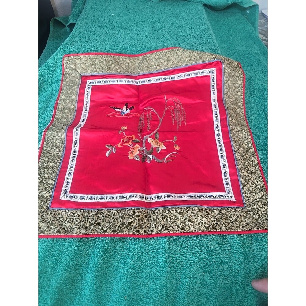 Vintage Chinese Silk/Satin Embroidered Square Throw Pillow, 15” Inches